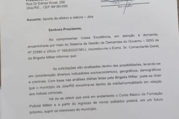 CHEFE DA SECRET. EX. DO GAB. DO COMANDANTE GERAL,  RESPONDE  DEMANDA SOLICITADA PELA PRESIDENTE ROSA LASSEN,  JUNTAMENTE COM O PREFEITO ADRIANO MARANGON, EM AUDIÊNCIA NO COMANDO DA BRIGADA MILITAR, EM POA, ONDE SOLICITARAM MAIS EFETIVOS E VIATURA
