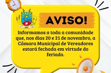 Câmara Municipal de Vereadores estará fechada nos dias 20 e 21 de novembro