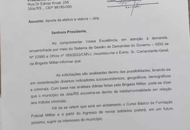 CHEFE DA SECRET. EX. DO GAB. DO COMANDANTE GERAL,  RESPONDE  DEMANDA SOLICITADA PELA PRESIDENTE ROSA LASSEN,  JUNTAMENTE COM O PREFEITO ADRIANO MARANGON, EM AUDIÊNCIA NO COMANDO DA BRIGADA MILITAR, EM POA, ONDE SOLICITARAM MAIS EFETIVOS E VIATURA