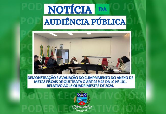 Realizou nesta segunda-feira Audiência Pública para a demonstração e avaliação do cumprimento do anexo de metas fiscais de que trata o Art,9s § 4e DA LC Nº 101, relativo ao 1º quadrimestre de 2024.
