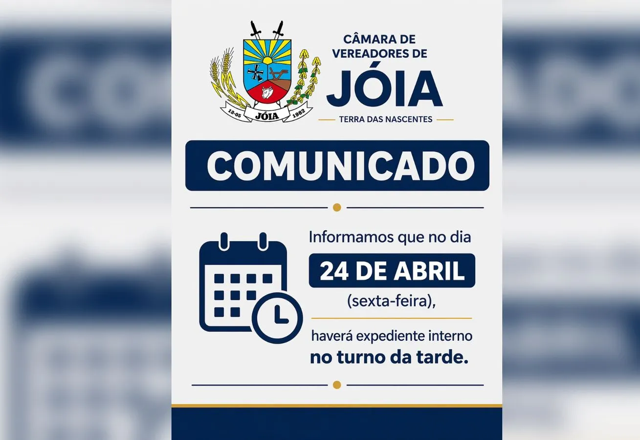 Câmara de Jóia terá expediente interno na tarde de sexta-feira (24 de abril)