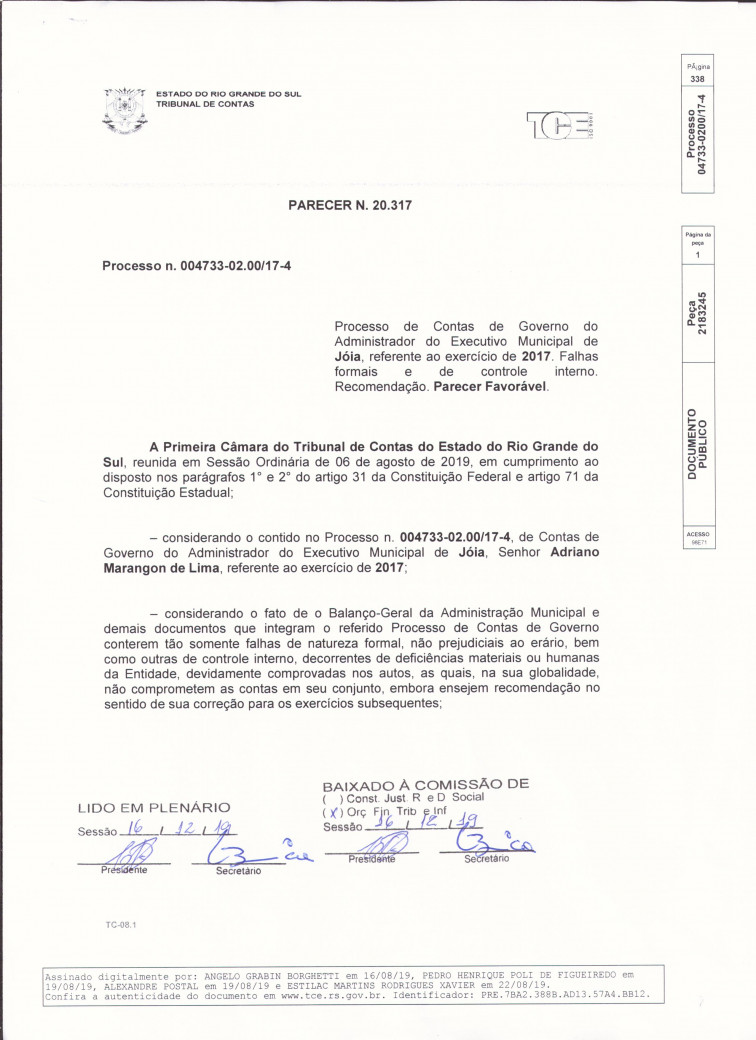 PROCESSO DE CONTAS DE GOVERNO DO PREFEITO MUNICIPAL DO ANO DE 2017.